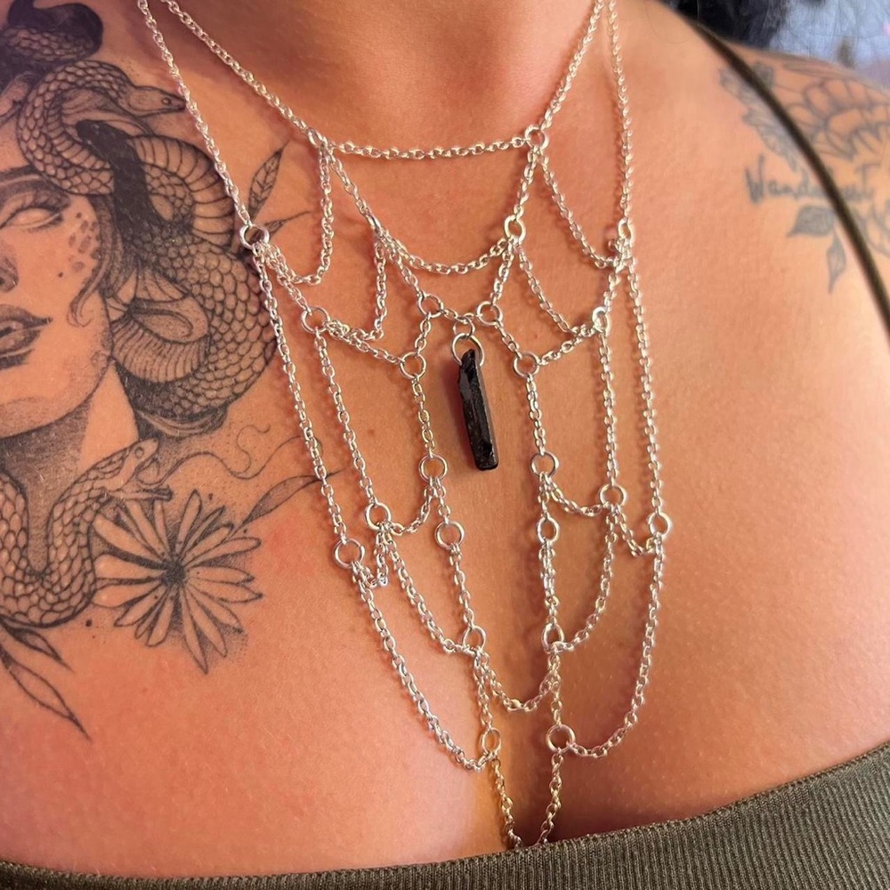 Handmade goth spider web chain necklace